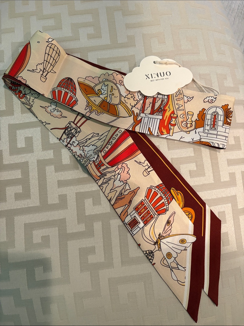 NWT XINUO 100% Silk Scarf Ribbon in Cream, Red, Orange, and Tan 48” by 2.5”